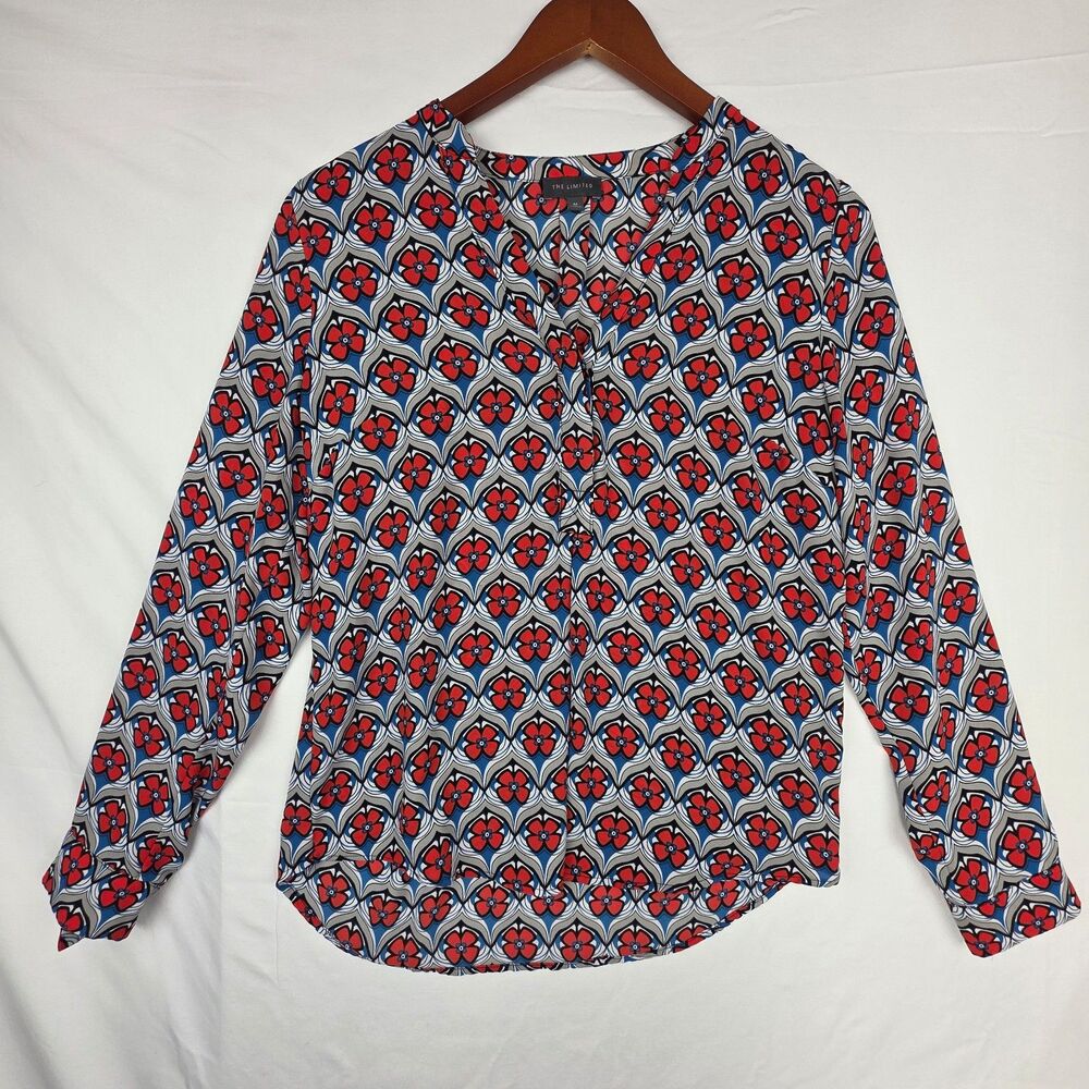 The Limited Retro 70s Floral Button Neck Blouse Medium Office Business Casual